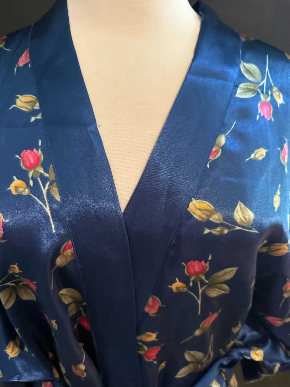 Navy Satin Floral Kimono Robe with Tie Belt XL